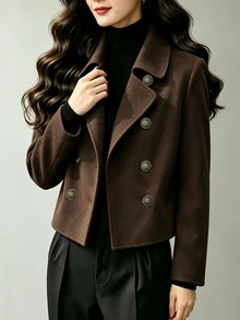 SHEIN Women's Commuter Street Minimalist Fashion Casual Versatile Brown Lapel Double-Breasted Bronze Button Long Sleeve Napoleon Style Overcoat, Suitable For Outings, Gatherings With Friends, Home, Shopping, Entertainment, Work And More, All-Match Style With Comfortable Fabric, Unique Design, High Cost-Performance, Suitable For Spring, Autumn And Winter - Brown - View 4