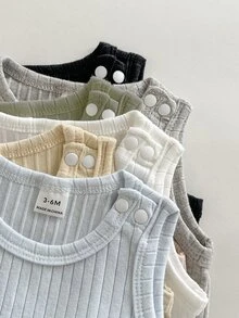 SHEIN Vintaside Kids 6件組男嬰連身衣 羅紋針織 藍色米色綠色 可扣開 圓領無袖 輕便 適合度假海灘夏季假期生日 簡約可愛 - 彩色 - 查看 4