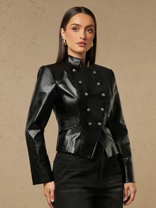 Silquee This Black PU Long-Sleeve Casual Jacket Features Broad Shoulders And A Double-Breasted Metal-Button Design, Blending Fashion-Forward Appeal With A Ret - Black - View 3