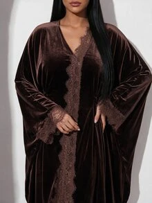 Veilorie Plus Size Women's Contrast Lace V-Neck Batwing Sleeve Elegant Dress - Brown - View 4