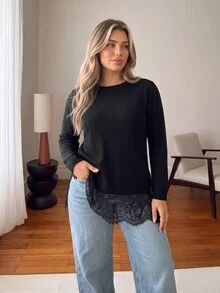 Vionelle Plus Size Women's Solid Color Minimalist Pullover Knit Sweater, Side Slit Lace Patchwork Hem Long Sleeve Lazy Sweater Winter - Black - View 6