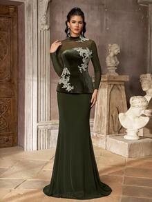 Aureia Dark Green Velvet & Mesh Applique Mermaid Evening Gown, High Neck Long Sleeve Sheer Dress With Train, Suitable For Prom, Party And Wedding - Dark Green - View 3