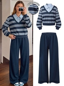 SHEIN Teen Girls Navy Blue Preppy Style 2 Pieces Set, 2 In 1 Striped Fuzzy Sweatshirt With Wide Leg Sweatpants, Winter - Navy Blue - View 4