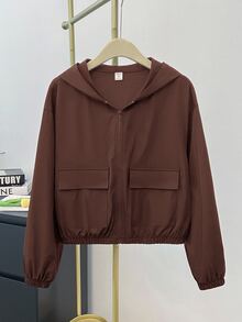 SHEIN 青少年女孩編織素色貼口袋短版寬鬆休閒連帽外套 - 棕色 - 查看 10