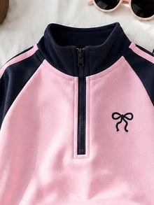 SHEIN 2件組幼女運動衫運動長褲套裝，可愛米色棕色蝴蝶結刺繡條紋飾邊半拉鍊長袖立領休閒款返校秋季套裝 - 彩色 - 查看 4