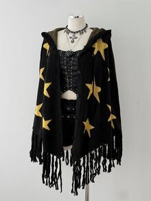 Sunspun Plus Size Fashion Star Pattern Button Front Cardigan Shawl - Black - View 4