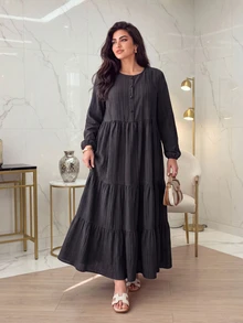 Al Najma Women's Elegant Minimalist Round Neck French Chic High-End Long Sleeve Plus Size Arabian Dress - Multicolor - View 6