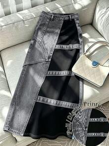 GlowEve CURVE Plus Size Women's Casual Vintage Denim Effect A-Line Long Skirt, Versatile Street Style, Fashionable Long Skirt For Daily Wear, Suitable For Spring, Summer, Autumn, Winter - Grey - View 1