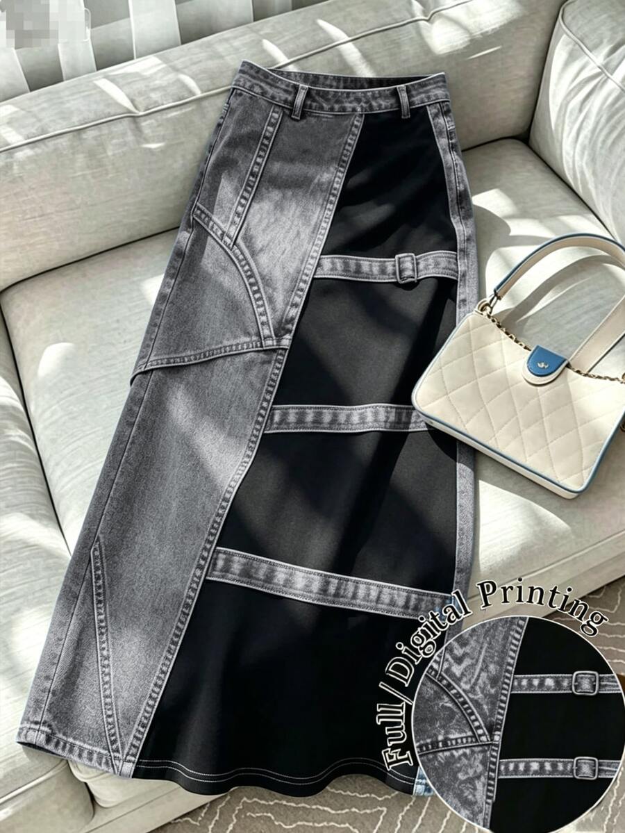 GlowEve CURVE Plus Size Women's Casual Vintage Denim Effect A-Line Long Skirt, Versatile Street Style, Fashionable Long Skirt For Daily Wear, Suitable For Spring, Summer, Autumn, Winter - Grey - View 1