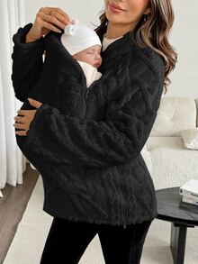 SHEIN Maternity Plush Comfortable Pocket Hooded 3-In-1 Jacket - Black - View 2