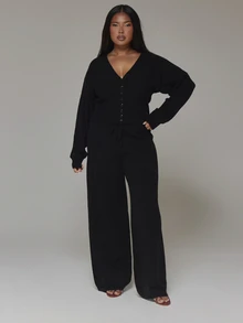 MUSERA Plus Size Black Knit Long Sleeve V Neck Cardigan Spring Summer Casual Everyday Day Outfit Going Out - Black - View 3