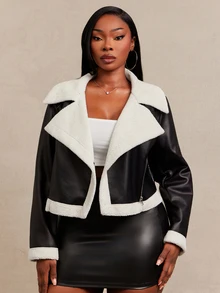 SHEIN SXY Black Faux Fur & PU Leather Short Long Sleeve Jacket Winter - Black and White - View 1
