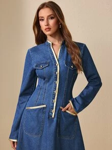 Selenza Women's Elegant Intellectual Commute Business Long Sleeve Short Gold Ribbon Denim Dress - Dark Wash - View 6