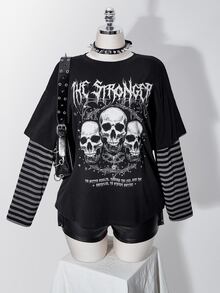 SHEIN ICON Women Plus Size Letter Skull Print Patchwork Striped 2 In 1 T-Shirt - Black - View 6