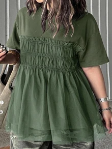 Dazy Plus Solid Color Contrast Mesh Doll Blouse Cute Pullover Short Sleeve T-Shirt Spring Summer Autumn - Green - View 5