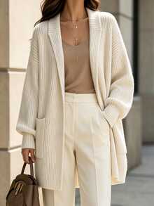 SHEIN Cardigan Wanita Serbaguna Minimalis dengan Kerah Lipat, Model Kancing Depan, Cocok untuk Semua Gaya - Aprikot - View 6
