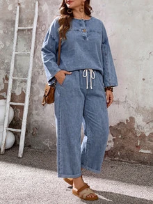 EMERY ROSE EMERY ROSE Plus Size Denim Two Pieces Outfits Fall/Winter Casual Y2K Basic Halloween Festival School - Blue - View 1