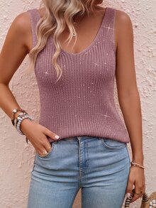 SHEIN LUNE 女款休閒性感夏季/通勤度假夜店日常基本款時尚外出穿搭無袖針織上衣 灰粉色 - 紫色 - 查看 6