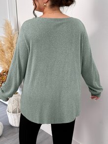 SHEIN CURVE+ Women Plus Size T-Shirt 22W, Autumn/Winter Solid Color Ribbed Comfortable Crew Neck Long Sleeve Casual T-Shirt - Green - View 2