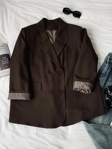 Comfortcana Plus Size Women Solid Color Casual Versatile Commute Travel Blazer Jacket - Chocolate Brown - View 3