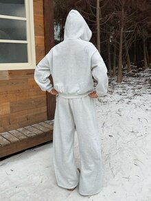 CovetEZ Women's Solid Color Fashion Minimalist Hoodie & Sweatpants Two Pieces Set - Grey - View 2