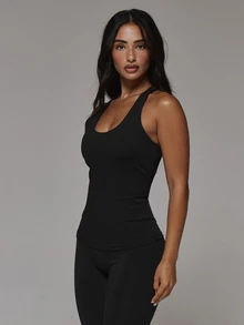 Musera Sport Scoop Neck Padded Bust Racer Back Logo Fitted Active Top Sport Essentials Basics Gym Workout Autumn Fall Winter - Black - View 4