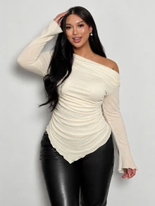 Firerie Plus Size Streetwear Asymmetrical Hem Ruched Asymmetrical Shoulder T-Shirt - Apricot - View 3