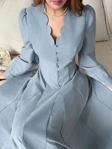 Feyla Women's Elegant Button Pleated Waist Dress Wedding Brunch Navy Blue Autumn - Blue - View 1