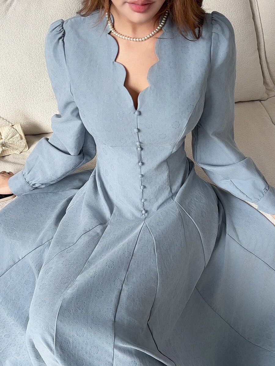 Feyla Women's Elegant Button Pleated Waist Dress Wedding Brunch Navy Blue Autumn - Blue - View 1