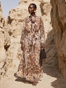 Zivah New Elegant Jamaican European Tropical Brown Animal Print Waist Pleated Design Bohemian Vacation Dress Cover-Up Beach Summer - Multicolor - View 5