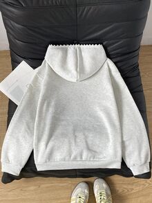 SHEIN 青少年女孩淺灰色連帽套頭衛衣，黑色波浪邊飾，秋冬校園日常穿著 - 灰色 - 查看 2