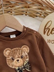 SHEIN Kids Kids Kids Newborn Cartoon Bear Pattern Patchwork Plaid Long Sleeve Autumn Winter Dress Baby - Brown - View 6