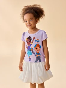 Blippi X SHEIN Young Girls Cartoon Print Cap Sleeve T-Shirt - Purple - View 4
