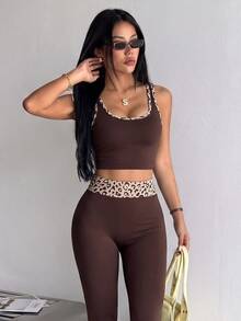 SHEIN Dewbera Tank Top Yoga Olahraga Tanpa Jahitan/Trim Motif Leopard Warna Kontras/Modis Seksi/Nyaman - Coffee Brown - View 5