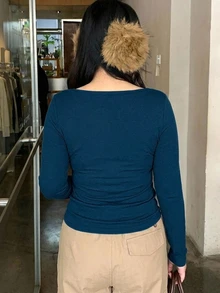 Dazy Plus 女童字母印花不對稱肩領休閒長袖棕色春秋季T恤 - 藏蓝色 - 查看 2
