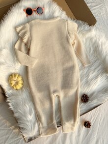 SHEIN 1pc Toddler Baby Girl Infant Chic Cable Knit Floral Ruffle Long Sleeve Jumpsuit Soft Thick Sweaters Jumpers Pull Fall Clothes Christmas Holiday Winter - Dusty Pink - View 2