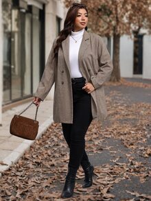 Chikora Plus Size Women's Houndstooth Lapel Neck Long Sleeve Double-Breasted Blazer - Brown - View 6