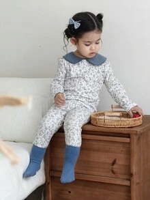 DAZY Infant Girl Peter Pan Collar Casual All-Over Print Long Sleeve Korean Style Loungewear - Blue and White - View 6