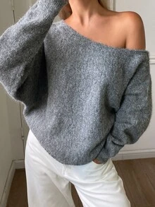 DAZY 女款素色寬鬆不對稱肩長袖休閒度假韓風秋冬針織毛衣 - 灰色 - 查看 1