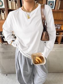 Muchica Women Plus Size Solid Color Fashion Casual Crew Neck T-Shirt - White - View 6