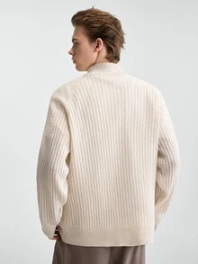 RONVEXI Men's Plus Size Textured Casual Zip Half Placket Long Sleeve Sweater - Beige - View 3