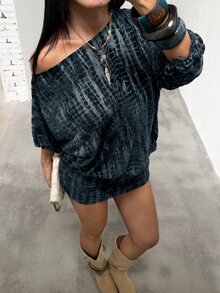 Jeanoix Y2K Street Style Snake Texture Flocked Tie-Dye Asymmetrical Shoulder Mini Dress - Multicolor - View 4