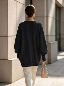 SHEIN 女款純色休閒百搭日常長袖針織衫 - 黑色 - 查看 2