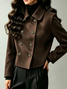 SHEIN Women's Commuter Street Minimalist Fashion Casual Versatile Brown Lapel Double-Breasted Bronze Button Long Sleeve Napoleon Style Overcoat, Suitable For Outings, Gatherings With Friends, Home, Shopping, Entertainment, Work And More, All-Match Style With Comfortable Fabric, Unique Design, High Cost-Performance, Suitable For Spring, Autumn And Winter - Brown - View 8