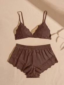 Lullawish 女款蕾絲細肩帶上衣與短褲性感睡衣套裝 - 棕色 - 查看 3