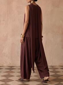 Zivah Women's Solid Color Top And Long Pants Casual Daily Set - Rust Brown - View 2