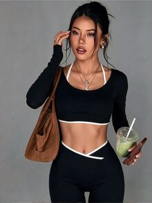 SHEIN Sports 女款長袖圓領修身時尚運動短版T恤 - 黑色 - 查看 3