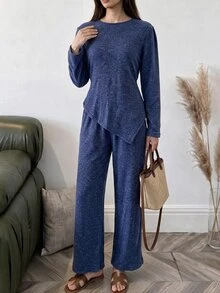 Solavon Women's Solid Color Long Sleeve Asymmetric Hem Top And Pants Arabic Clothing Set - Blue - View 2