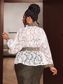 Maweii Contrast Black & Gold Striped V-Neck Cinched Waist Lace Batwing Sleeve Blouse Fall - White - View 3