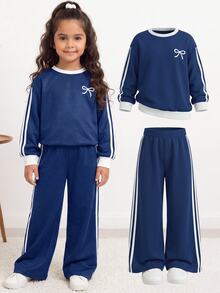 SHEIN Tween Girls Tween Girl Autumn/Winter Simple Side Stripe Casual Bow Print Long Sleeve Pants Set - Multicolor - View 4